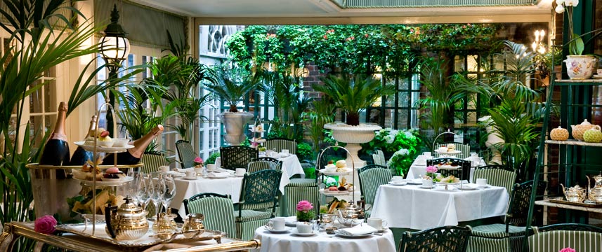 Chesterfield Mayfair Venue Hire London, W1 set up for afternoon tea in the conservatory