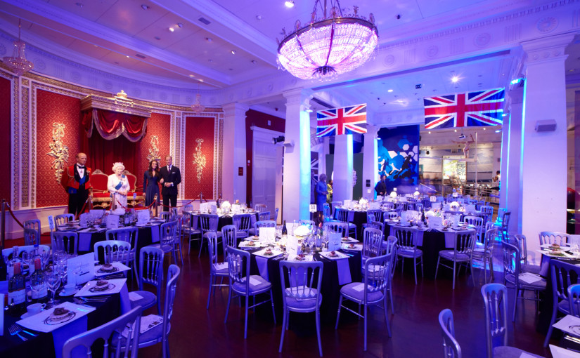 Round tables set for dinner at Madame Tussauds Christmas Party, NW1
