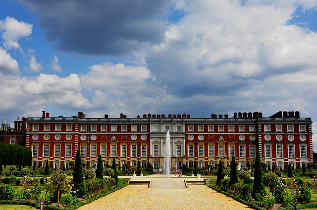 Hampton Court Palace Summer Party KT8, large entrance area, water fountain, historic building