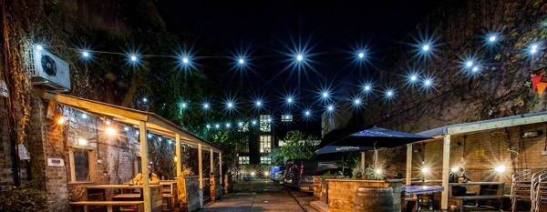Strongroom Bar London Summer Party EC2, outdoor space with fairy lights
