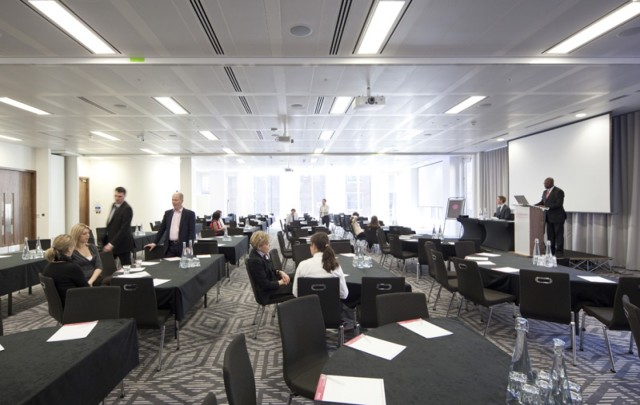 Meeting Room in cabaret style with natural daylight set for a meeting 200 Aldersgate Venue Hire EC1