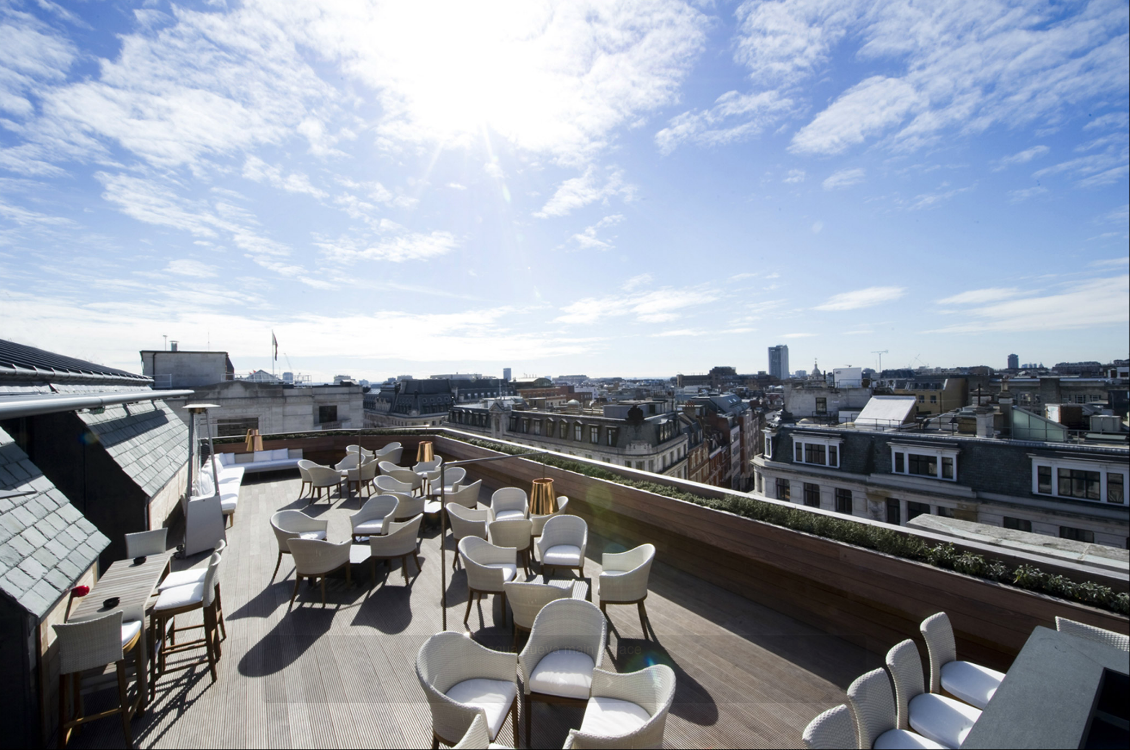 Aqua London Venue Hire W1, outside space with white furniture and views of london