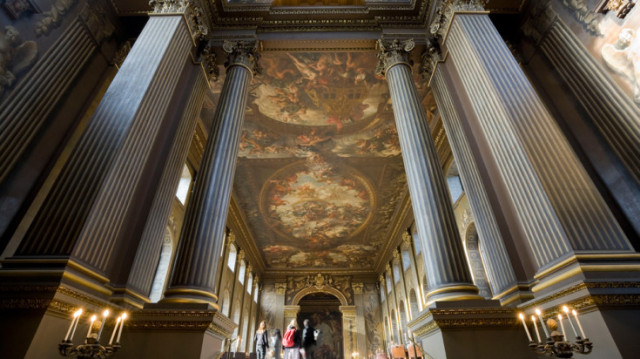 Painted Hall with view of the grand giant ceiling with beautiful painting on the wall between giant pillars Old Royal Naval College Venue Hire SE10