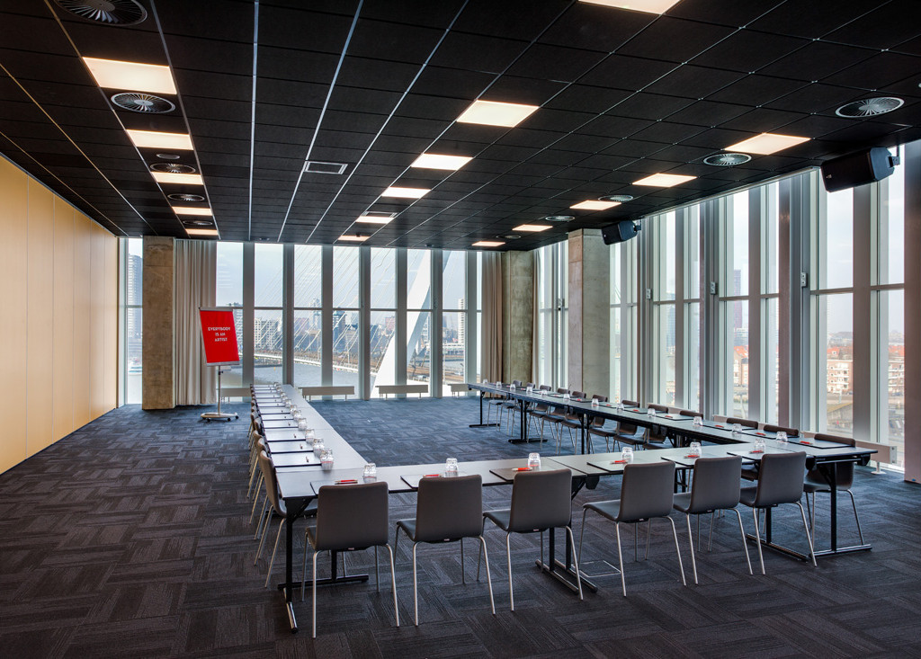Conference Centre set up for a meeting in u-shape with floor to ceiling windows Nhow Rotterdam Venue Hire Holland
